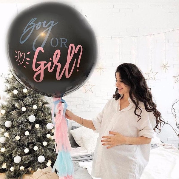 Jongen of meisje XXL Gender Reveal Ballon in zwart met roze en blauwe confetti voor je babyshower