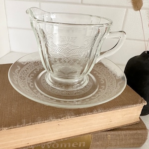 Vinatge 1930’s Clear Depression Glass Cup Jeannette Glass Patterns with Saucer Set