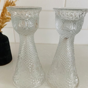 Vintage Avon by Fostoria Clear Glass Candle Holder with Heart and Diamond Pattern Set of 2