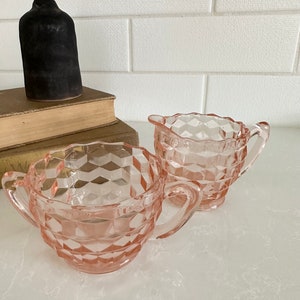 Vintage Light Pink Depression 1930’s Glass Creamer Pitcher and Sugar Bowl set of 2 with Jaennette Cube Pattern
