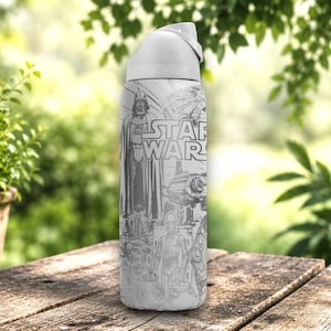May include: A white water bottle featuring a monochromatic graphic print of Star Wars characters including Darth Vader, C-3PO, and BB-8, along with the Star Wars logo. The bottle has a white plastic lid with a flip-up spout and a carry handle.