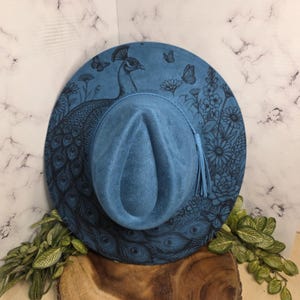 Peacock Wide Brim Fedora Hat: Boho Exotic Bird Design, Vegan Suede Statement Fedora