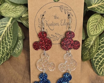 Red White & Blue Glitter Mouse Head Earrings: 4th of July Dangle, Lightweight, Hypyallergenic