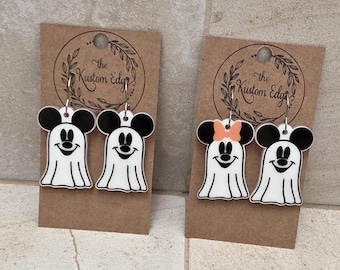 Glow in the Dark Mickey & Minnie Ghost Earrings: Halloween Acrylic Dangles