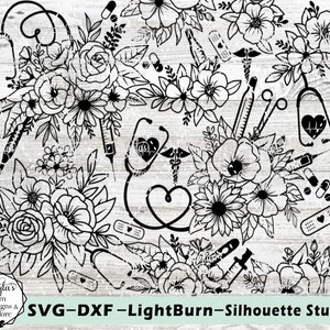 Verpleegkundige & bloemen Tumbler sjabloon, geëtste Tumbler, grote bloemen, SVG, DXF, Laser graveren sjabloon, Burst sjabloon, verpleegkundige minnaar, Doctor Cup