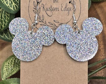 Pendientes de ratón con purpurina plateada: colgantes de acrílico cortados con láser