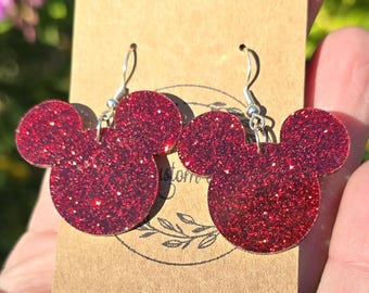 Pendientes de ratón con purpurina roja: pendientes colgantes de acrílico cortados con láser