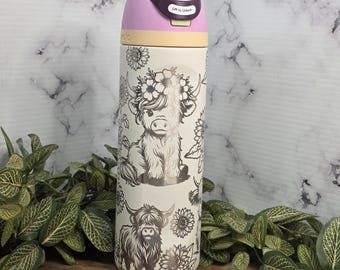 Highland Cow Sunflower Engraved Owala Tumbler Farmhouse Water Bottle