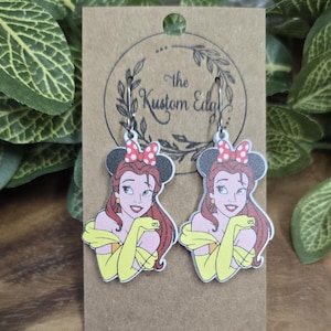 Pendientes de la Princesa Bella, colgantes de acrílico dorado con purpurina, regalo para ella, bisutería hecha a mano, accesorio de ratón mágico.