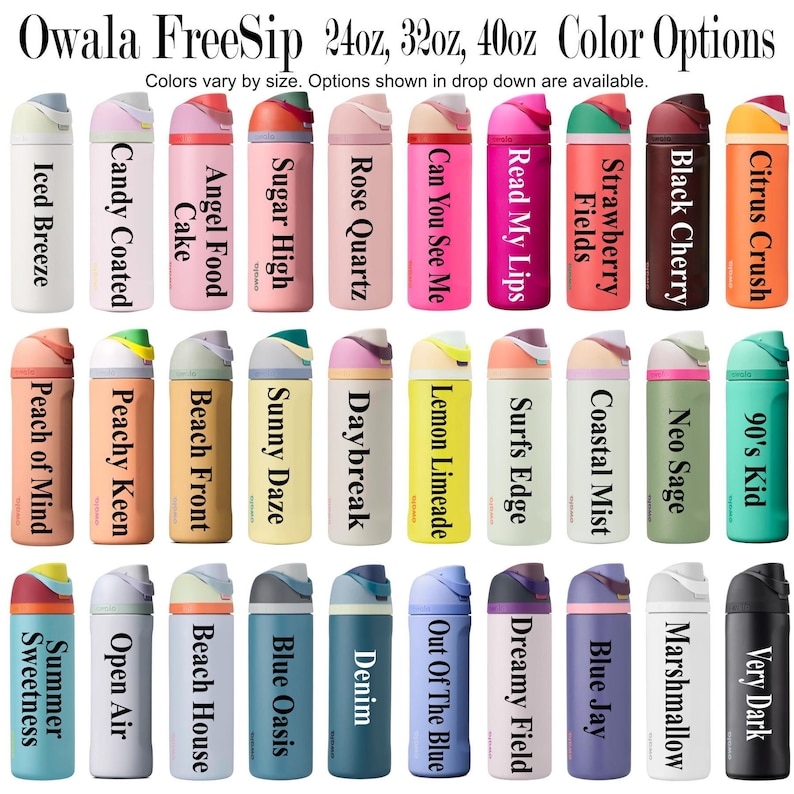 a collection of 24 colorful spray bottles, each with a different flavor or scent, arranged in a grid-like pattern.