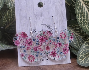 Floral Mouse Head Dangle Earrings: Laser Cut Acrylic, Stainless Steel