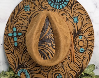 Western Turquoise Engraved Wide Brim Hat, Boho Cowgirl Vegan Suede Fedora, Boutique Rodeo Fashion