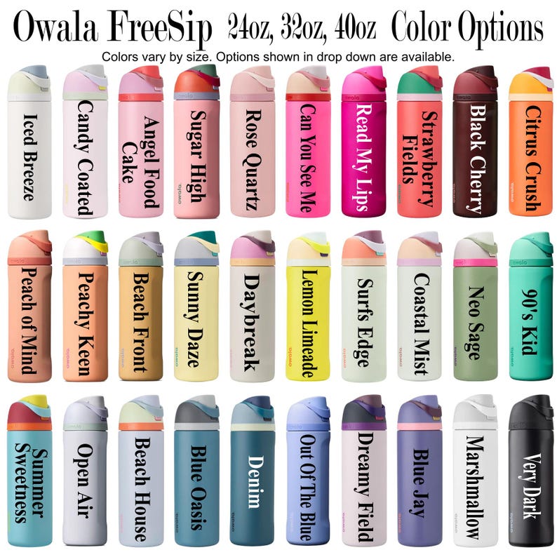 a collection of 24 colorful spray bottles, each with a different flavor or scent, arranged in a grid-like pattern.