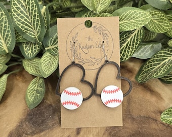 Pendientes colgantes para amantes del béisbol, corazón de madera para amantes del deporte, estilo colgante hipoalergénico hecho a mano.