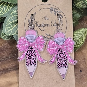 Teacher Pencil Dangle Earrings, Coquette Bows, Laser Cut, Perfect Gift For Her, Handmade Hypoallergenic Drop Style, Teacher Bow, Bow Pencil