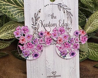 Pendientes con forma de cabeza de ratón con diseño floral: flores de primavera, colgantes de acrílico cortados con láser, ligeros e hipoalergénicos.