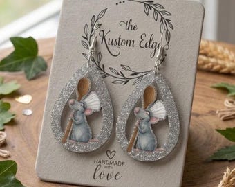 Remi Chef Mouse Earrings, Silver Glitter Acrylic Dangles, Cooking Character Jewelry, Theme Park Gift