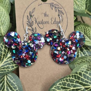 Mouse Head Confetti Dangle Earrings, Chunky Glitter Acrylic, Laser Cut, Perfect Gift For Her, Handmade Drop Earrings, Magical Earrings