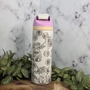 Highland cow floral laser engraved Owala water bottle