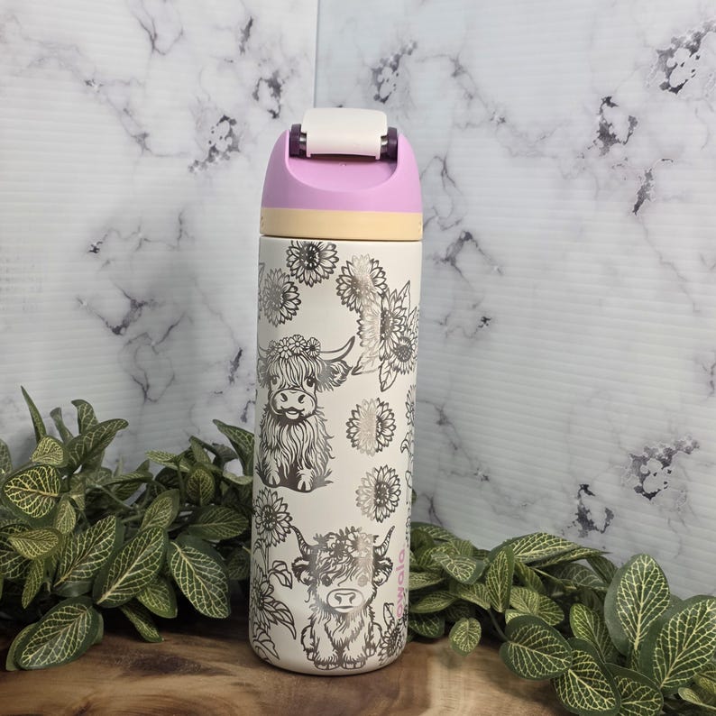 Highland cow floral laser engraved Owala water bottle
