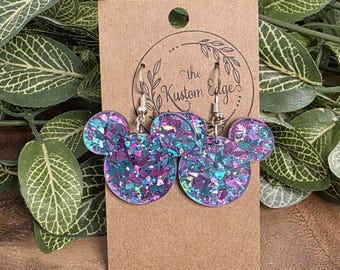 Pendientes de cabeza de ratón con confeti y purpurina, acrílico rosa y azul, cortados con láser, hechos a mano.