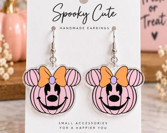 Pink Pumpkin Mouse Earrings, Halloween Acrylic Jewelry Dangles, Spooky Season Gift, Fall Ear Wires