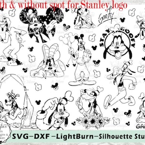 May include: Black and white line art illustrations of various cartoon characters, including Goofy, Mickey Mouse, and Donald Duck. The illustrations are arranged in a random pattern on a white background. The text "with & without spot for Stanley logo" appears at the top of the image. The text "SVG-DXF-LightBurn-Silhouette Studio" appears at the bottom of the image.