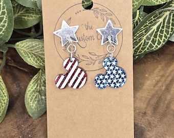Pendientes de cabeza de ratón con estrellas y rayas brillantes: Pendientes colgantes patrióticos hipoalergénicos