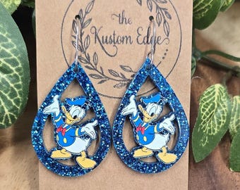 Donald Duck-hangoorbellen: grappige eend, blauwe glitter acryl, roestvrij staal, lichtgewicht, handgemaakt