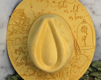 Beauty and The Beast Laser Engraved Vegan Suede Hat, Wide Brim Adjustable Western Fedora Style