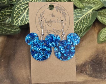 Pendientes de ratón con remolino de purpurina azul: colgantes de acrílico cortados con láser, ligeros e hipoalergénicos.