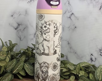 Highland Cow Sunflower Engraved Owala Tumbler Farmhouse Water Bottle