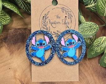 Stitch Ohrringe: Glitter Acryl, Edelstahl, handgemacht