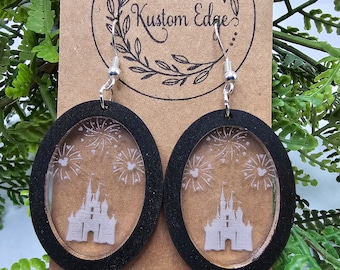 Hangoorbellen kasteel met vuurwerk, helder gegraveerd acryl, cadeau voor haar, magisch accessoire