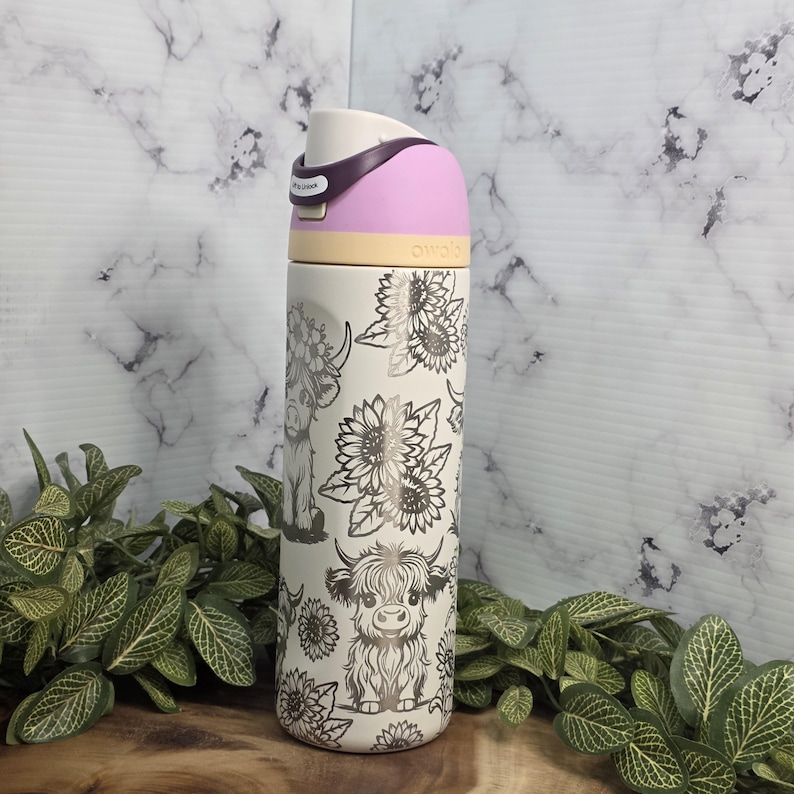 Owala water bottle with highland cow and sunflower laser engraved design