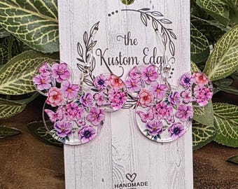 Pendientes con forma de cabeza de ratón con diseño floral: flores de primavera, colgantes de acrílico cortados con láser, ligeros e hipoalergénicos.