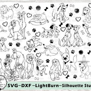 May include: Black and white line art illustrations of various dog breeds, including Dalmatians, a Bloodhound, a Jack Russell Terrier, and a Labrador Retriever. The illustrations are perfect for crafting projects, such as vinyl decals, iron-on transfers, and stencils.