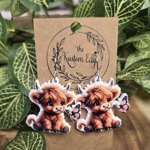 Highland Cow With Butterfly Dangle Earrings, Coo Cow Earrings, Stainless Steel, Cute Cow Earrings, Gift For Her, Handmade Drop Earrings