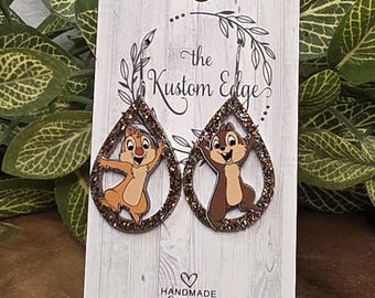 Chip and Dale Brown Glitter Acrylic Dangle Earrings, Double Trouble Friends, Stainless Steel, Lightweight