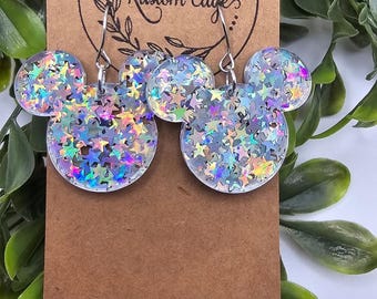 Holographic Star Mouse Earrings: Glitter Acrylic Dangle Earrings, Light weight Hypoallergenic