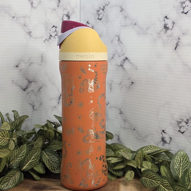 Character inspired engraved Owala water bottle with playful tiger stripes theme