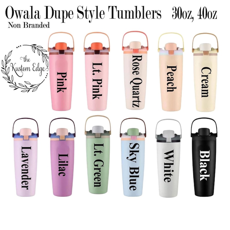 a collection of non-branded Owala Dupe style tumblers in various colors, including pink, orange, peach, rose quartz, cream, black, and white.