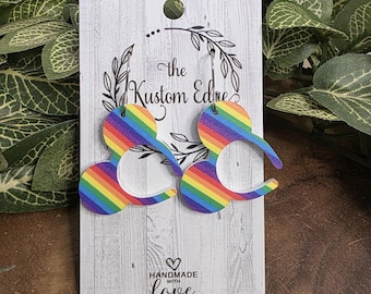 Rainbow Mouse Ears Dangle Earrings, Laser Cut, Gift For Her Handmade , Pride Accessory