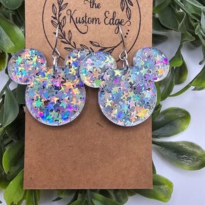 Holographic Star Mouse Earrings: Glitter Acrylic Dangle Earrings, Light weight Hypoallergenic