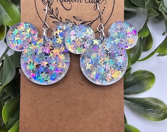 Pendientes de ratón con estrella holográfica: pendientes colgantes de acrílico con purpurina, ligeros e hipoalergénicos.