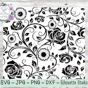 Modelo de copo estourado de rosas e girassóis, SVG, DXF, sublimação, toboágua, digital, silhueta Cricut, modelo de copo, design sem costura