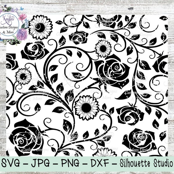 Rose e girasoli Burst Tumbler Template, SVG, DXF, Sublimazione, Acquascivolo, Digitale, Cricut Silhouette, Modello tazza, Design senza soluzione di continuità