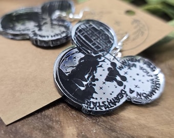 May the Force Be With You Mouse Head Dangle Earrings, Printed Mirrored Acrylic, Lightweight