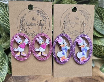 Daisy Duck Dangle Oval Drop Earrings, Sassy Duck, Lightweight Glitter Jewelry, Stainless Steel