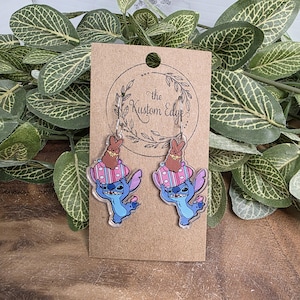 Alien inspired Easter dangle earrings with bunny and egg stack